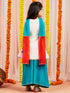 Girl's' White And Blue Kurta Plazoo And Dupatta Set
